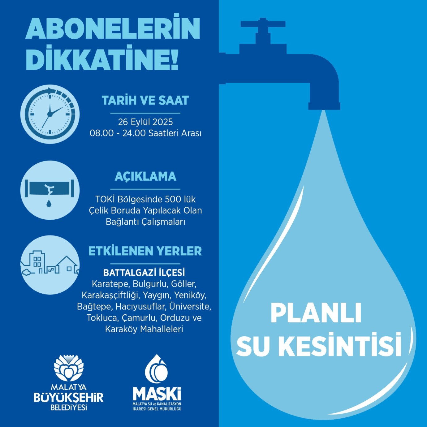 Battalgazi’nin 13 Mahallesinde 16 Saatlik Su Kesintisi
